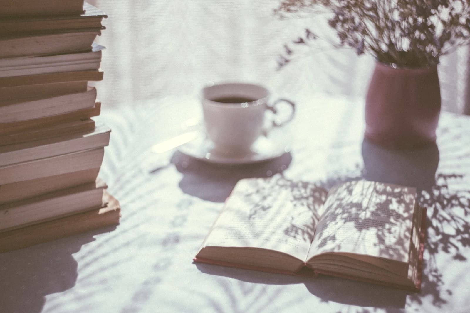 An open book and a cup of coffee in soft morning sunlight